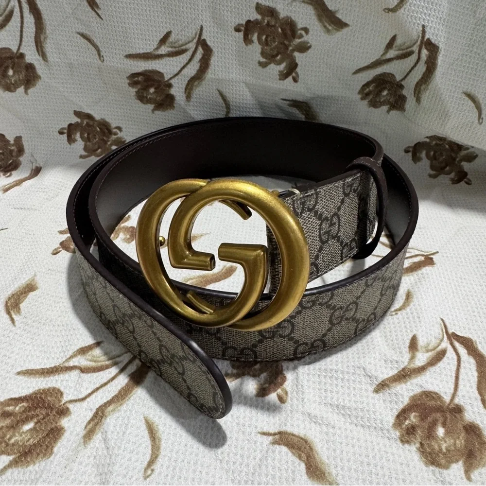 Gucci Brown GG Supreme Canvas Belt with Gold Double G Buckle
